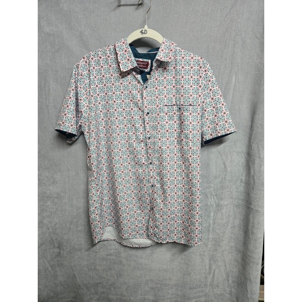 Consequence Mens Medium Short Sleeve Button Down Shirt Pink Teal Geometric Print